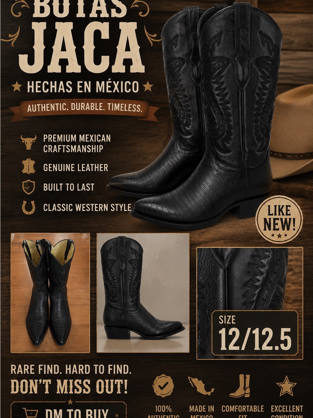 Men's Black Western Embossed Leather Cowboy Boots - Picture 4 of 4